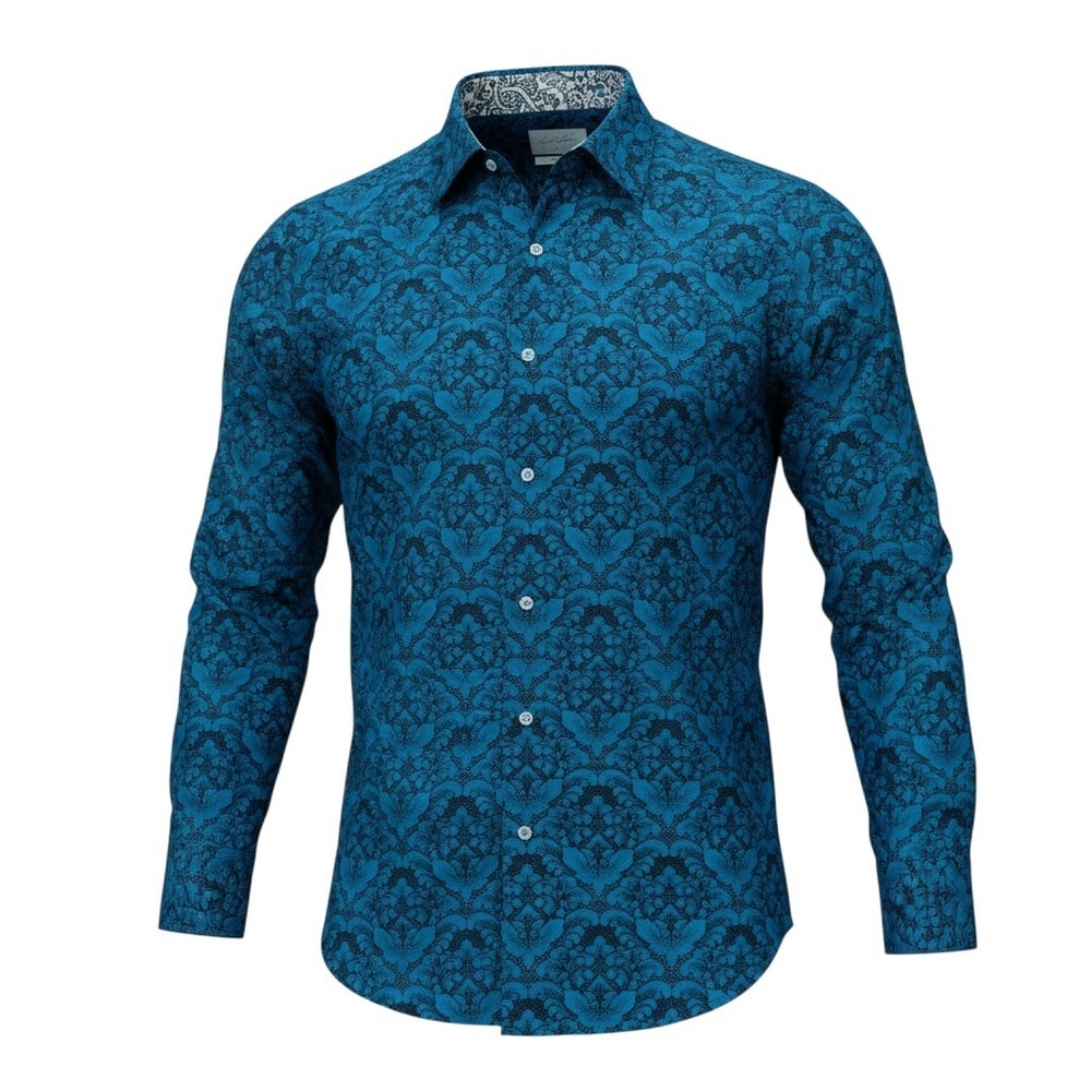 Robert Graham Mens Teal Blue Damask Paisley Long Sleeve Button Down Shirt Small